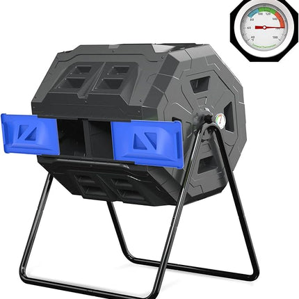 SQUEEZE master Large Compost Tumbler Bin - Outdoor Garden Rotating with Thermometer -Automatic Temperature Measurement-Sturdy Steel Frame - 43Gallon (2-21.5Gal)- Blue Door