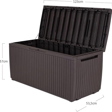 Keter Cushion Box, Rainproof, Balcony Springwood Cushion Storage Box, Brown, 123 x 53.5 x 57 cm, 305 L, 17202488
