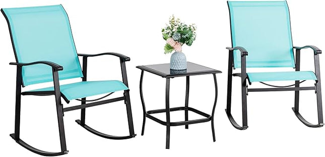 Vongrasig 3 Piece Outdoor Rocking Bistro Set, Textilene Fabric Small Patio Furniture Set, Front Porch Rocker Chairs Conversation Set with Glass Table for Lawn, Garden, Balcony, Poolside (Blue)