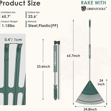 ORIENTOOLS Garden Leaf Rake, Garden Rakes for Lawns Leaves with 65.7" Foldable Handle Rake, 26 Strong Tines Plastic Head Shrub Rake, Yard Garden Rake for Lawns, Grass, Flower Beds Leaves Cleaning