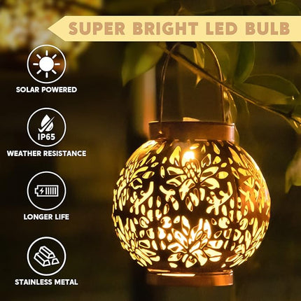 JOIEDOMI 2 Pack Outdoor Solar Hanging Lantern Lights, Waterproof Tabletop with Handle, LED Moroccan Lanterns, Metal Decorative Garden Solar Lights Christmas for Patio, Lawn, Porch, Backyard