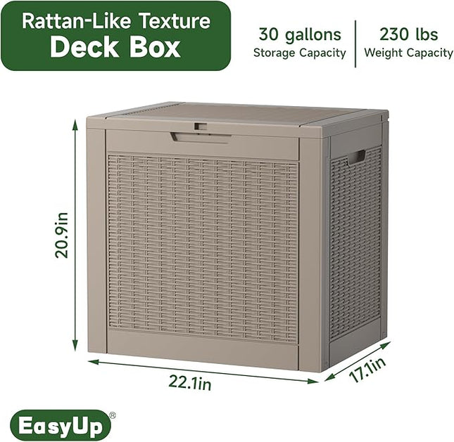 EasyUp 30 Gallon Outdoor Storage Box, Resin Waterproof UV-Resistant Deck Box, Reinforced Stability for Patio, Garden, and Poolside, Rattan Gray
