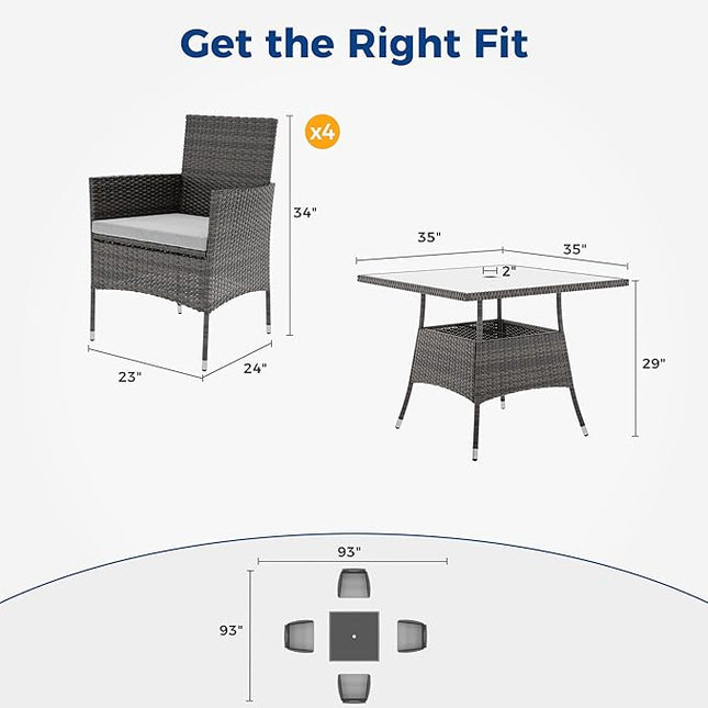 Wisteria Lane 5-Piece Wicker Outdoor Table and Chairs, Patio Dining Set w/Square Glass Tabletop and Umbrella Hole, Patio Table and Chairs Set for Backyard Deck Balcony Front Porch, Light Grey