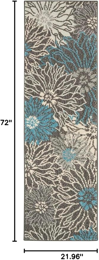 Nourison Home Passion Charcoal/Blue 1'10" x 6' Area Rug, Floral, Farmhouse, Easy Cleaning, Non Shedding, Bed Room, Living Room, Dining Room, Kitchen, (6' Runner)