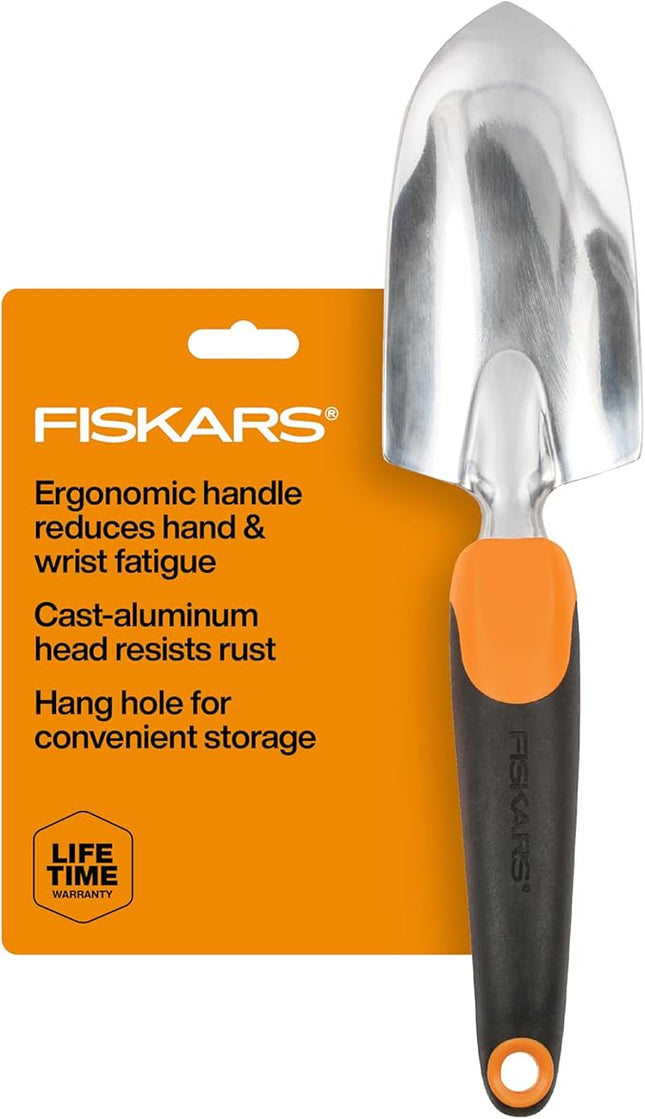 Fiskars Ergo Garden Trowel for Digging and Planting, Heavy Duty Gardening Hand Tool with Hanging Hole