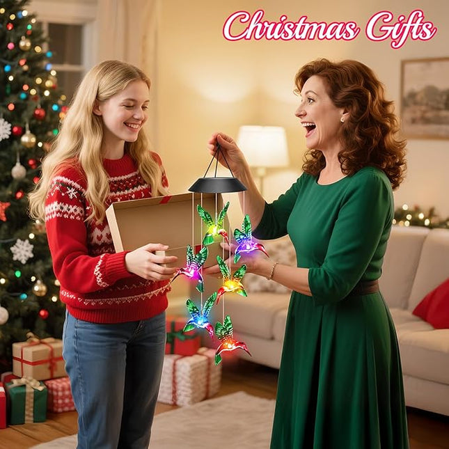 Christmas Stocking Stuffers for Women Grandma Mom Birthday, White Elephant Gifts for Adults, Winzwon Hummingbird Wind Chimes Solar Lights Outdoor Mobile Decoration for Patio Yard