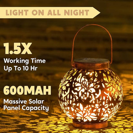 JOIEDOMI 2 Pack Outdoor Solar Hanging Lantern Lights, Waterproof Tabletop with Handle, LED Moroccan Lanterns, Metal Decorative Garden Solar Lights Christmas for Patio, Lawn, Porch, Backyard