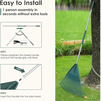 ORIENTOOLS Garden Leaf Rake, Garden Rakes for Lawns Leaves with 65.7" Foldable Handle Rake, 26 Strong Tines Plastic Head Shrub Rake, Yard Garden Rake for Lawns, Grass, Flower Beds Leaves Cleaning
