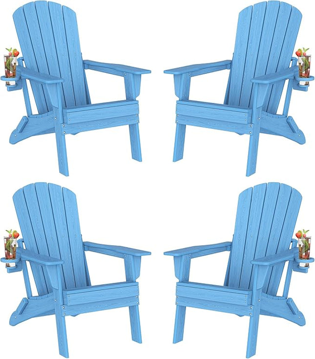 Plawdlik Folding Adirondack Chair Set of 4 with Cup Holder, SGS Tested, HDPE Heavy All-Weather,Wooden Textured,Backyard Fire Pit, Light Blue