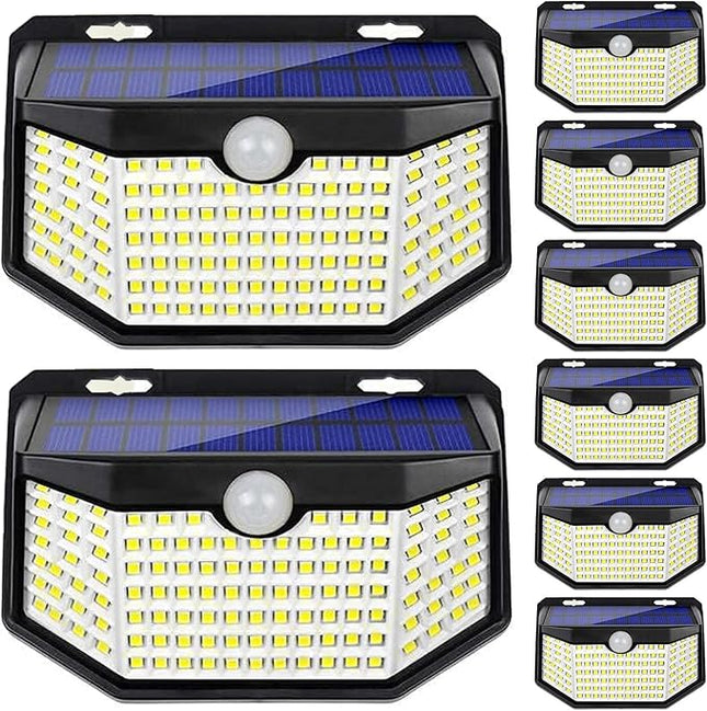 HMCITY 120 LED Outdoor Solar Lights with Motion Sensor and 3 Lighting Modes, IP65 Waterproof Wide Solar Wall Lights Ideal for Garden Patio Yard (Front Button 8Packs, Daylight White)