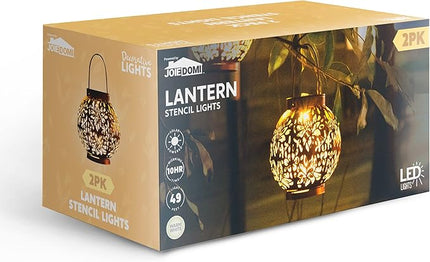 JOIEDOMI 2 Pack Outdoor Solar Hanging Lantern Lights, Waterproof Tabletop with Handle, LED Moroccan Lanterns, Metal Decorative Garden Solar Lights Christmas for Patio, Lawn, Porch, Backyard