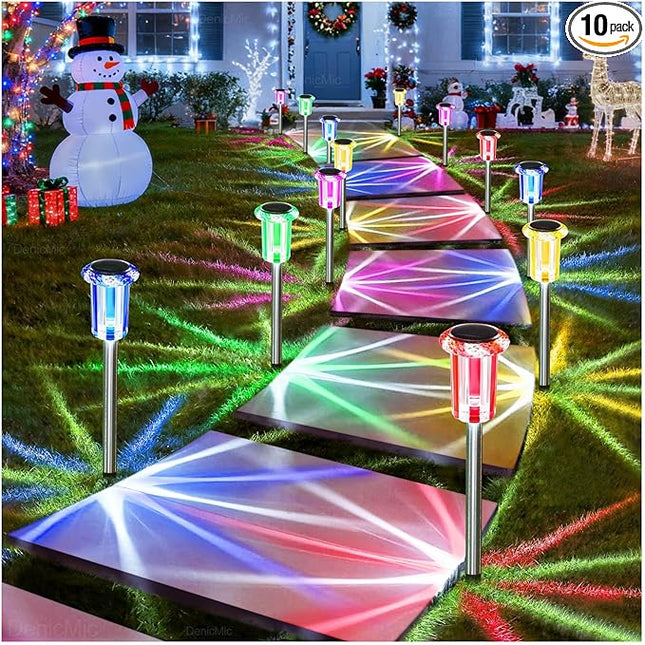 DenicMic Solar Christmas Lights Outdoor 10 Pack Waterproof Colorful LED Yard Garden Patio Backyard Pathway Walkway Landscape Lawn Outside Christmas Decorations Outdoor