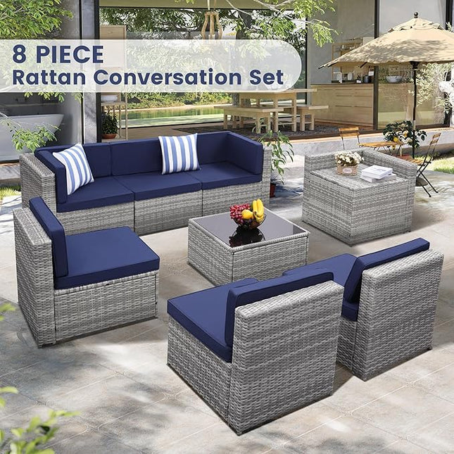 8 Pieces Outdoor Wicker Rattan Patio Furniture Sectional Set, Glass Top Table with Hidden Storage, 7 Sofa Sections, Oversized Cushions, Grey Color Rattan with Blue Cushion