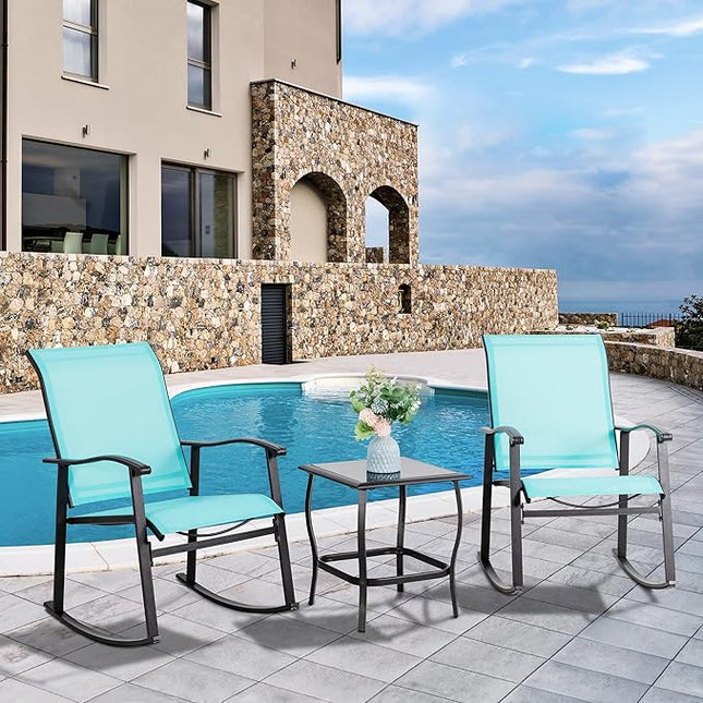 Vongrasig 3 Piece Outdoor Rocking Bistro Set, Textilene Fabric Small Patio Furniture Set, Front Porch Rocker Chairs Conversation Set with Glass Table for Lawn, Garden, Balcony, Poolside (Blue)