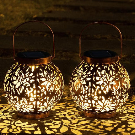 JOIEDOMI 2 Pack Outdoor Solar Hanging Lantern Lights, Waterproof Tabletop with Handle, LED Moroccan Lanterns, Metal Decorative Garden Solar Lights Christmas for Patio, Lawn, Porch, Backyard