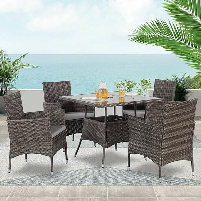 Wisteria Lane 5-Piece Wicker Outdoor Table and Chairs, Patio Dining Set w/Square Glass Tabletop and Umbrella Hole, Patio Table and Chairs Set for Backyard Deck Balcony Front Porch, Light Grey