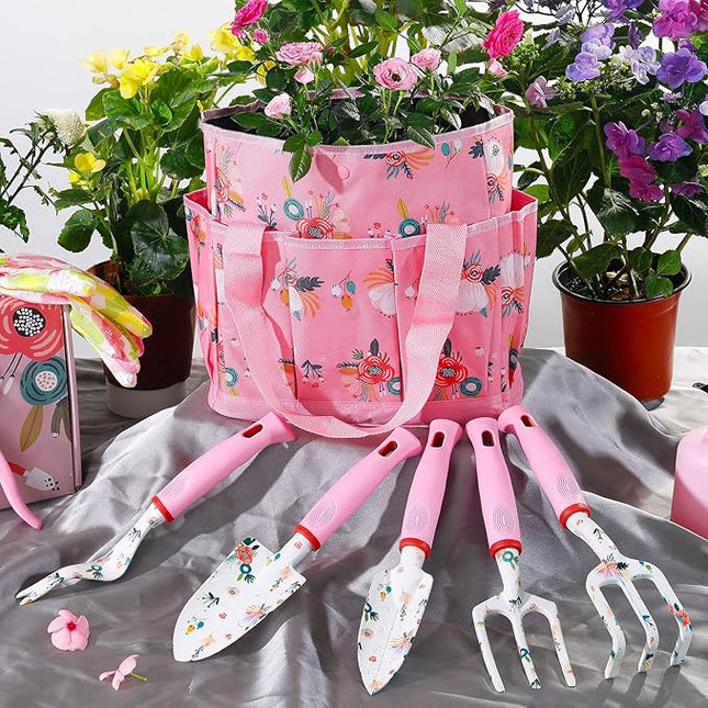 Floral Garden Tools Set,Heavy Duty Gardening Tools for Gardener,Gardening Gifts for Women,Storage Tote Bag,Sleeves,Gloves,Trowel,Transplanter,Rake,Weeder,Cultivator,Pruner,Succulent Hand Tools,Pink